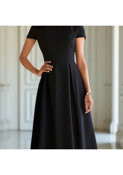 Kadın Kısa Kollu Yarı Balıkçı Yaka Pileli Janjan Krep Midi Elbise modelleri