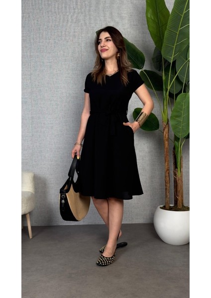 Kadın Kısa Kollu V Yakalı Beli Kuşaklı Ithal Keten Elbise