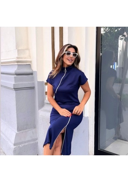 Kadın Kısa Kollu Yakadan ve Etekten Fermuarlı Midi Viskon Iki Iplik Elbise fiyatları