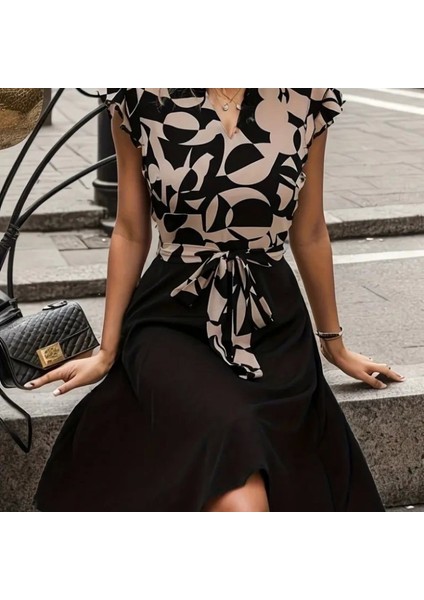 Kadın Kısa Kollu Kolu Fırfır Detay Mini Kuşaklı Kloş Krep Elbise