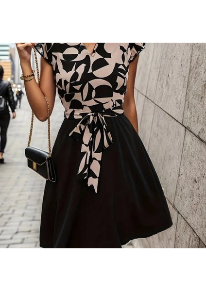 Kadın Kısa Kollu Kolu Fırfır Detay Mini Kuşaklı Kloş Krep Elbise modelleri