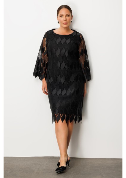 Moda Ilgi Kadın Büyük Beden Ön Kısım Güpür Dantelli Elbise 0006 Siyah modelleri