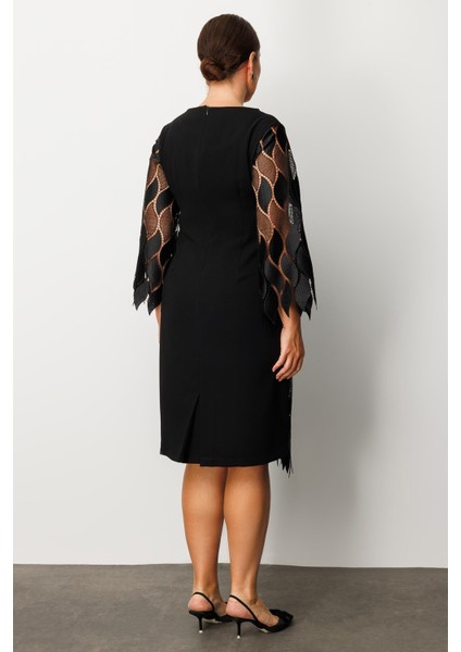 Moda Ilgi Kadın Büyük Beden Ön Kısım Güpür Dantelli Elbise 0006 Siyah fırsatları