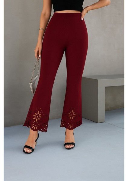 Kadın Yüksek Bel Paçaya Doğru Genişleyen Lazer Çiçek Kesim Detaylı Ithal Krep Pantolon