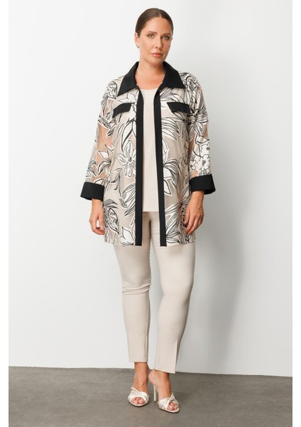 Moda Ilgi Kadın Büyük Beden Çiçek Organzeli Uzun Kollu Ikili Takım 0264 Siyah