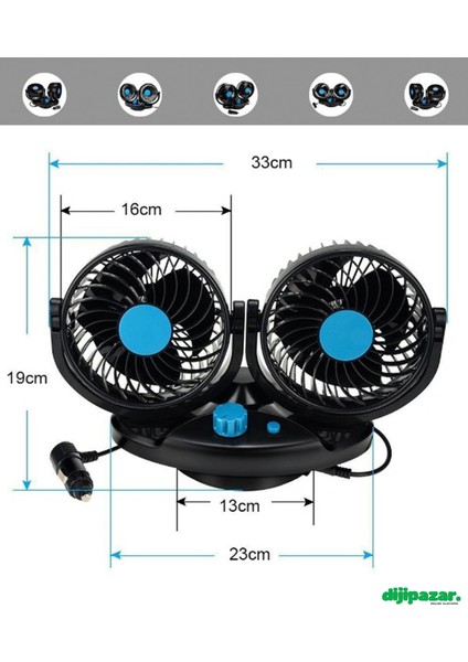 Oto Vantilatör 24 Volt 360 Derece 3 Kademe Hız Ayarlı Çift Başlı Vantilatör Çakmaklık Soketli indirimleri