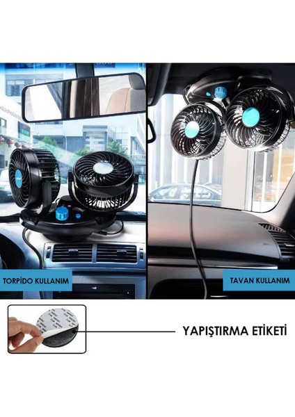 Oto Vantilatör 24 Volt 360 Derece 3 Kademe Hız Ayarlı Çift Başlı Vantilatör Çakmaklık Soketli