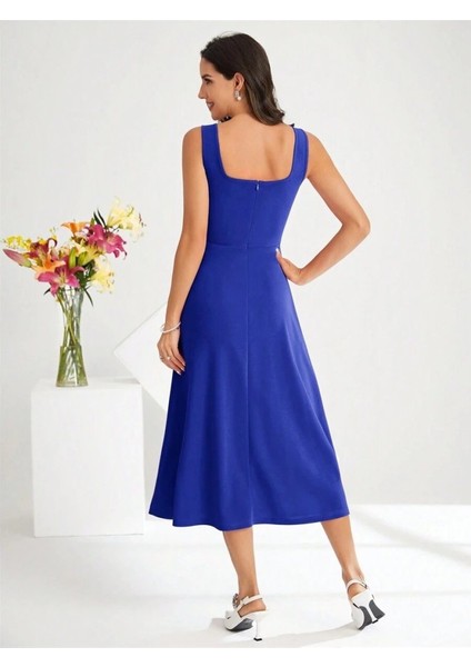 Kadın Askılı Kare Yakalı Midi Ithal Krep Elbise