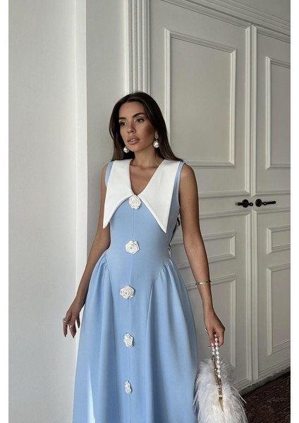 Mavi Gül Detaylı Atlas Elbise fiyatları