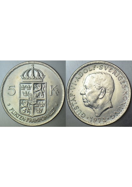 İsveç 5 Kron 1972 Kral 6. Gustaf Adolf Dönemi Çilaltı+