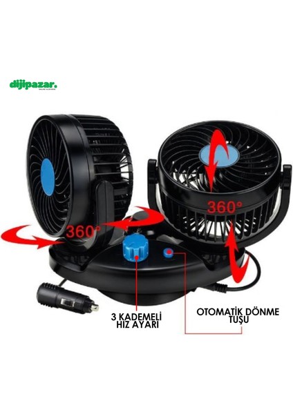 Oto Vantilatör 24 Volt 360 Derece 3 Kademe Hız Ayarlı Çift Başlı Vantilatör Çakmaklık Soketli fiyatları