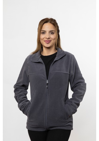 Kadın Füme Rengi Önü Fermuarlı Cepli Polar Ceket