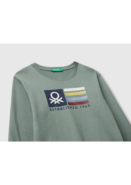 Erkek Bebek Haki Organik Pamuklu Önü Logo Baskılı Uzun Kollu Jarse T-Shirt modelleri