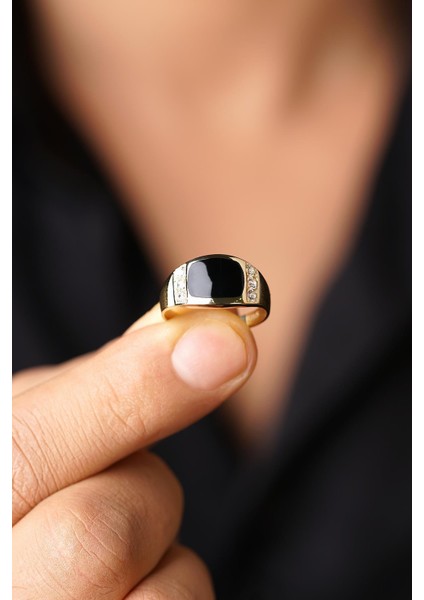 14 Ayar Altın Oniks Taşlı Erkek Yüzük