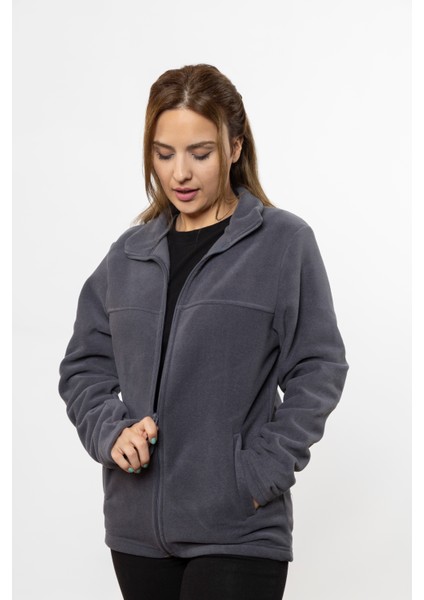 Kadın Füme Rengi Önü Fermuarlı Cepli Polar Ceket modelleri
