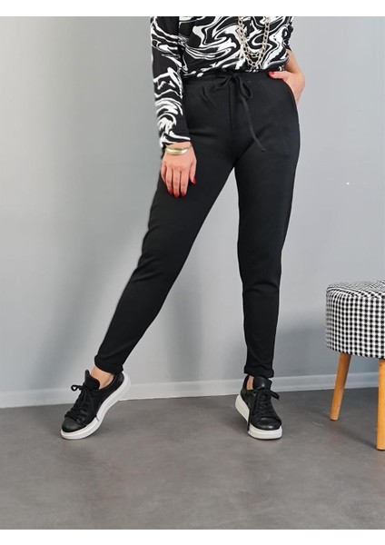 Kadın Büyük Beden Yüksek Bel Likralı Basic Duble Paça Çelik Örgü Siyah Pantolon
