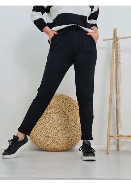 Kadın Büyük Beden Yüksek Bel Likralı Basic Duble Paça Çelik Örgü Siyah Pantolon