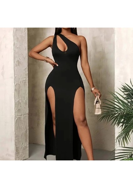 Kadın Tek Omuzdan Açık Damla Detaylı Yırtmaç Detaylı Uzun Janjan Krep Elbise fiyatları