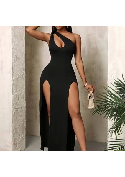 Kadın Tek Omuzdan Açık Damla Detaylı Yırtmaç Detaylı Uzun Janjan Krep Elbise fırsatları