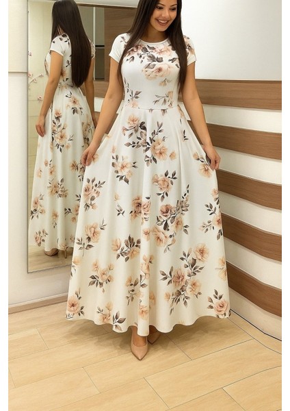 Kadın Kısa Kollu Bisiklet Yaka Puantiyeli Maksi Örme Krep Elbise