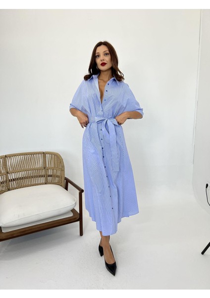 5318 Elbise-Mavi Beyaz Çizgili