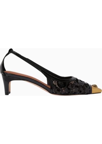 Regent 55 Low Open Court Mules, Parıltılı Siyah File ve Antik Pirinç