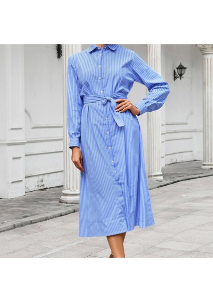 Çizgili Kadın Elbise Gömlek Model