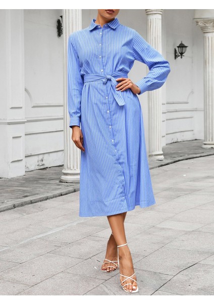 Çizgili Kadın Elbise Gömlek Model