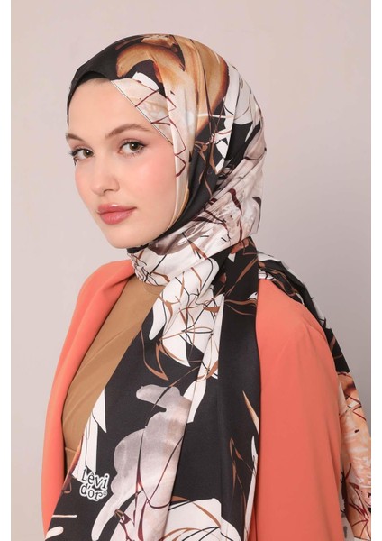 Ekru Soyut Çiçek Desen Twill Şal