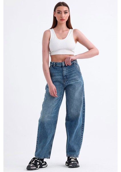 Kadın Mavi Skater Baggy Jeans Bol Paça Pantolon indirimleri