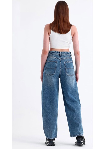 Kadın Mavi Skater Baggy Jeans Bol Paça Pantolon