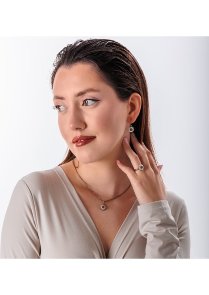 Klasik Işıltı Bordo Kadın 3'lü Takı Seti Küpe Kolye Yüzük Takım Bakır El Yapımı Kristal Taşlı Kararma Yapmaz Kutulu