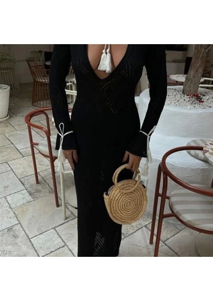 Püskül Bağcık Detaylı V Yaka Ajurlu Elbise 2850 modelleri