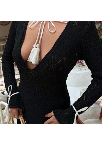 Püskül Bağcık Detaylı V Yaka Ajurlu Elbise 2850 indirimleri