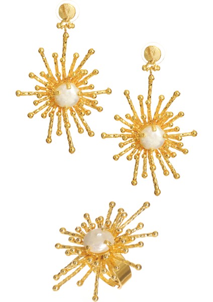 Kadın Altın Renk Kaplama Inci Detaylı Büyük Güneş Yüzük& Küpe Seti indirimleri