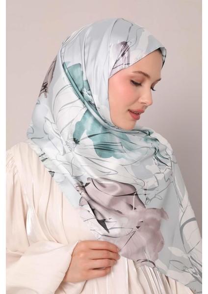 Yosun Yeşili Soyut Çiçek Desen Twill Şal