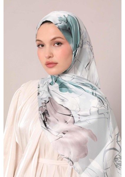 Yosun Yeşili Soyut Çiçek Desen Twill Şal modelleri
