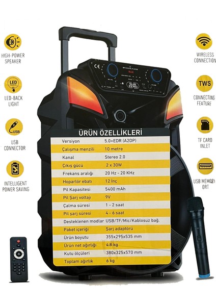 Bluetooth Hoparlör Speaker Karaoke Mikrofonlu Süper Bas Hoparlör 2X30W Büyük Boy Tekerlekli 5400MAH fiyatları