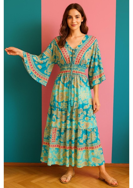 Parlak Mavi Desenli Ipek Karışımlı Maxi Elbise – Standart Beden 36 40 Tesettüre Uygundur.