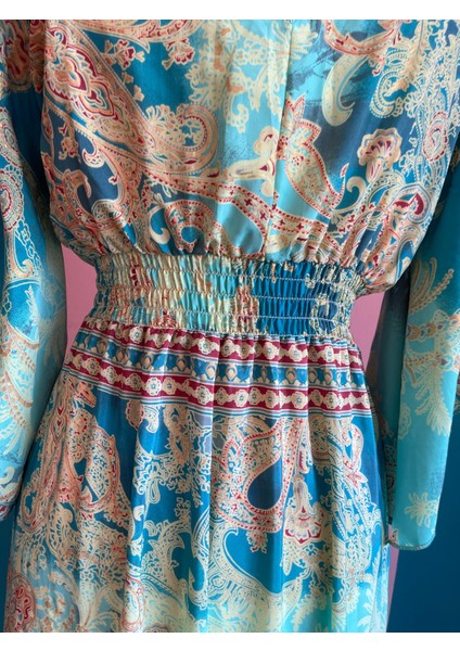 Parlak Mavi Desenli Ipek Karışımlı Maxi Elbise – Standart Beden 36 40 Tesettüre Uygundur. fırsatları