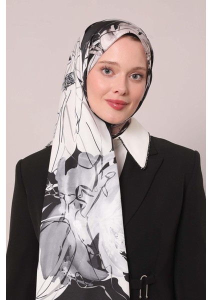 Siyah Soyut Çiçek Desen Twill Şal