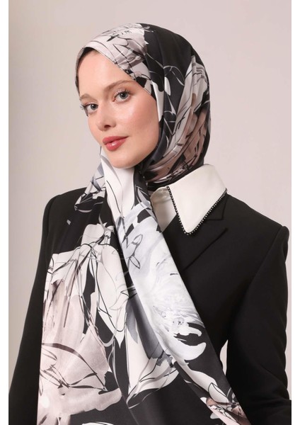 Siyah Soyut Çiçek Desen Twill Şal modelleri