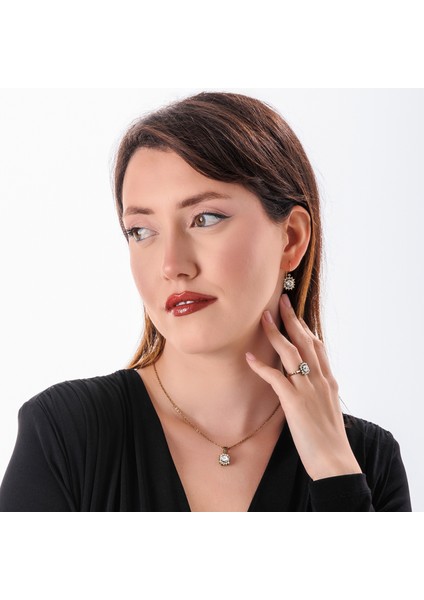 Harmoni Baget Kadın 3'lü Takı Seti Küpe Kolye Yüzük Takım Bakır El Yapımı Kristal Taşlı Kararma Yapmaz Kutulu