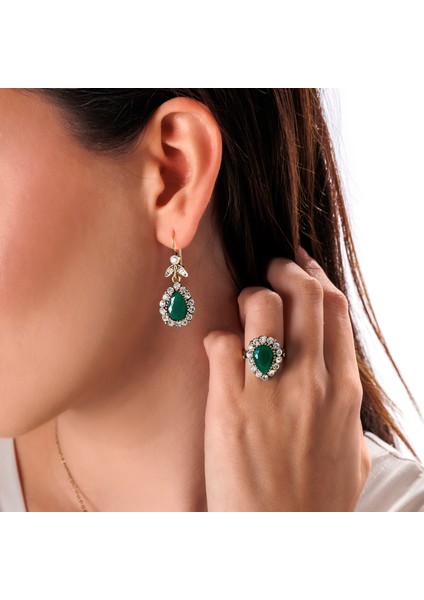 Hürrem Sultan Yeşil Kadın 3'lü Takı Seti Küpe Kolye Yüzük Takım Bakır El Yapımı Kristal Taşlı Kararma Yapmaz Kutulu fiyatları