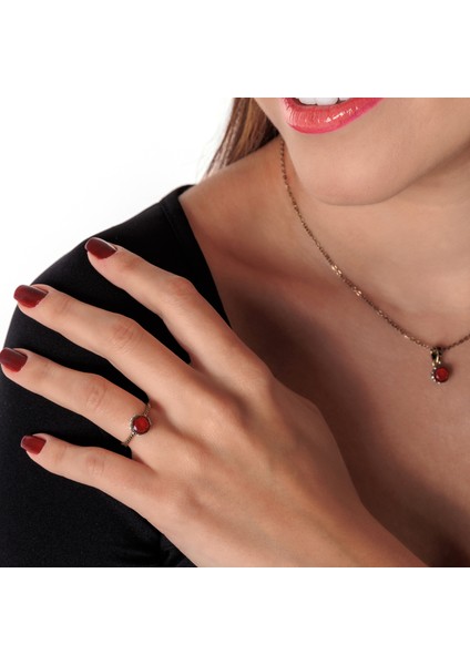 Harmoni Tektaş Kırmızı Kadın 3'lü Takı Seti Küpe Kolye Yüzük Takım Bakır El Yapımı Kristal Taşlı Kararma Yapmaz Kutulu fırsatları