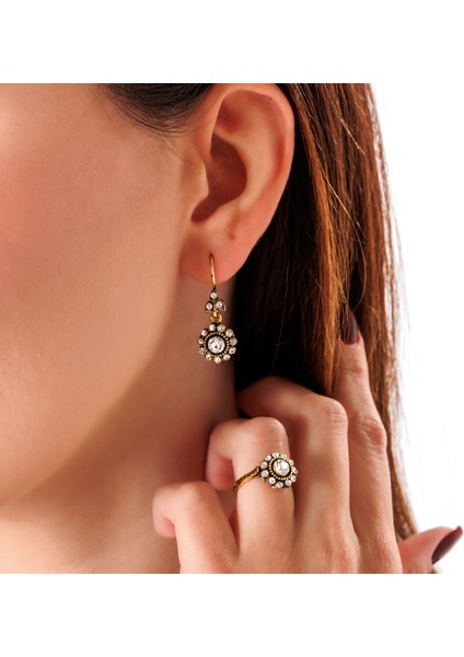 Antik Işıltı Kadın 3'lü Takı Seti Küpe Kolye Yüzük Takım Bakır El Yapımı Kristal Taşlı Kararma Yapmaz Kutulu fiyatları