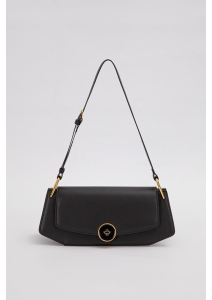 Siyah Oval Gold Aksesuarlı Omuz Çantası