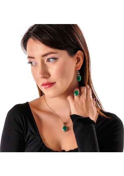 Kösem Sultan Yeşil Kadın 3'lü Takı Seti Küpe Kolye Yüzük Takım Bakır El Yapımı Zirkon Taşlı Kararma Yapmaz Kutulu