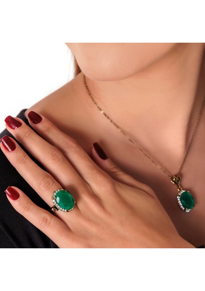 Kösem Sultan Yeşil Kadın 3'lü Takı Seti Küpe Kolye Yüzük Takım Bakır El Yapımı Zirkon Taşlı Kararma Yapmaz Kutulu fırsatları