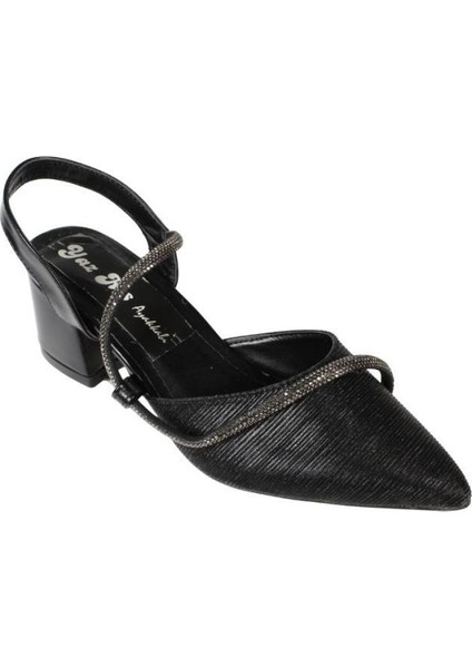 Yazkış Kadın Gümüş Siyah Taşlı 6cm Kalın Topuklu Abiye Ayakkabı